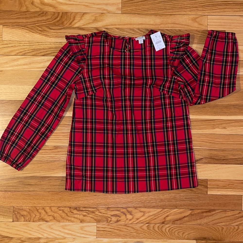 J. Crew “Good Tidings” Plaid Ruffle Sleeve Top